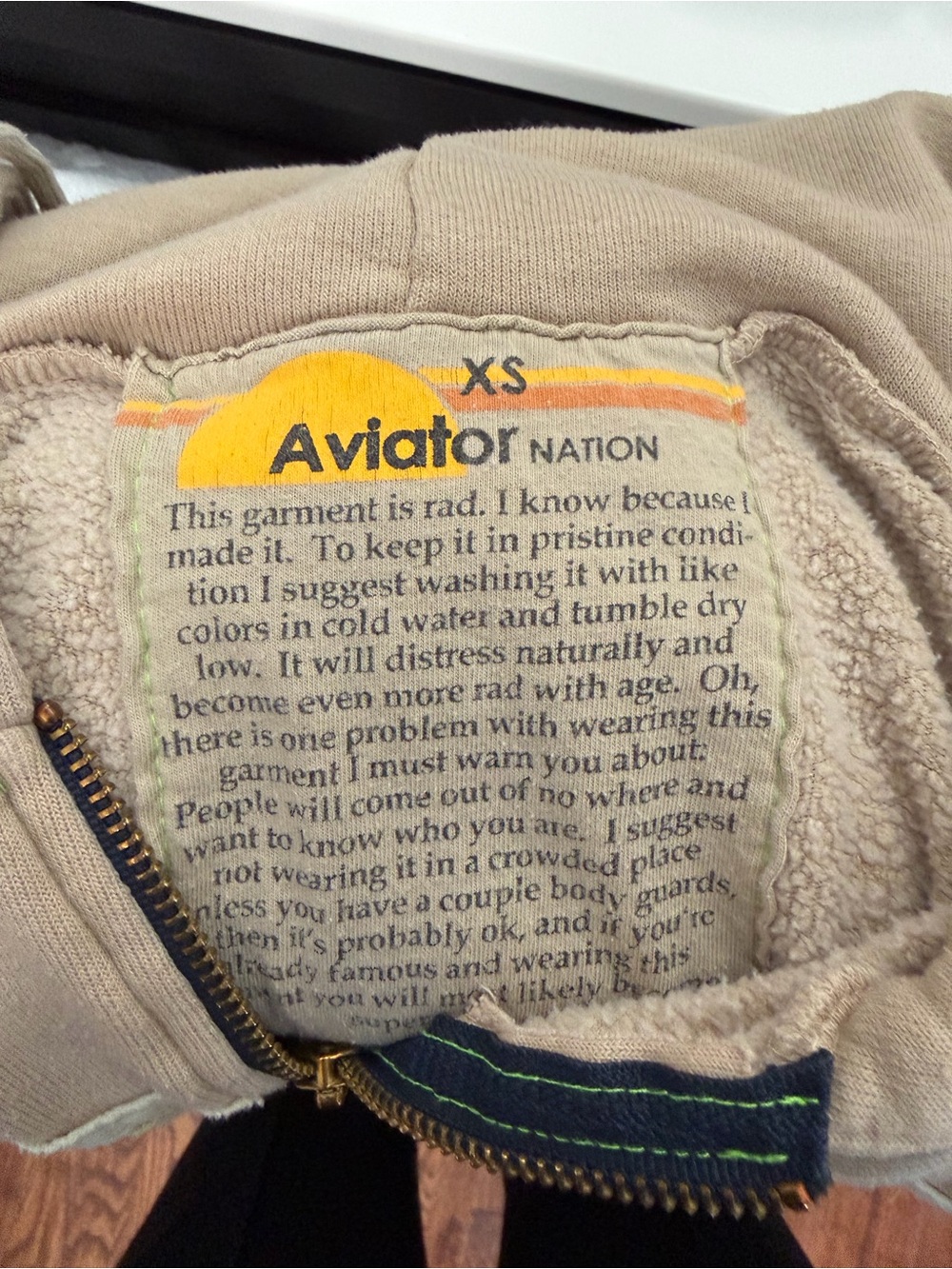 Aviator Nation 5 stripe Tan/ Sand Hoodie XS unisex sizing - Picture 3 of 4